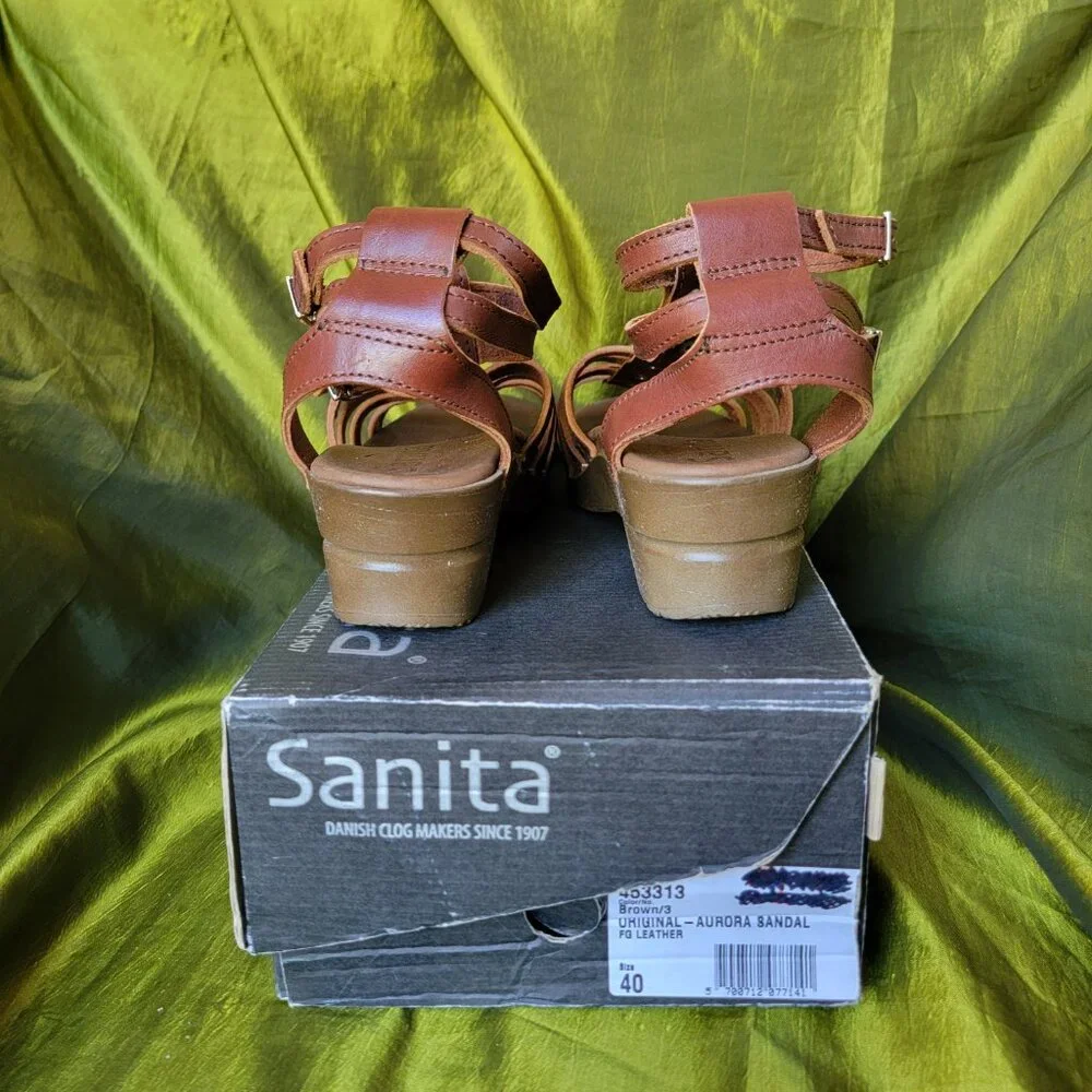 VINTAGE Sanita Aurora Brown Leather Gladiator Sandals Clog Wedge EU 40 NIB